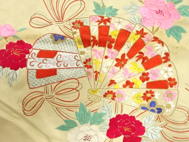 アンティーク　桧扇に牡丹模様刺繍名古屋帯